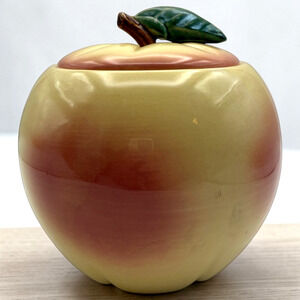 McCoy Blushing Apple Cookie Jar Marked USA Vintage 1950s Peach Stem Leaves Fruit